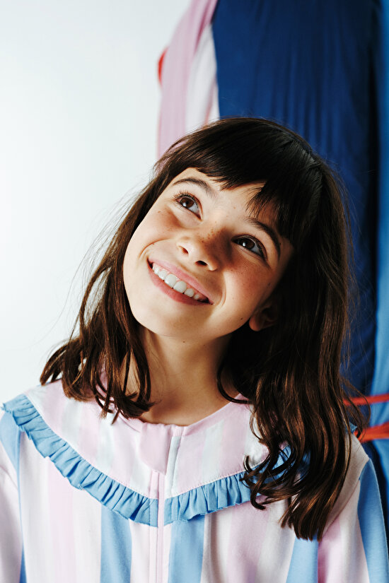 Açık Pembe Kız Çocuk Çizgili Fermuarlı Pijama Tulum - 3