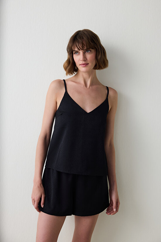 Siyah Fleur Saten Şort Pijama Altı - 3