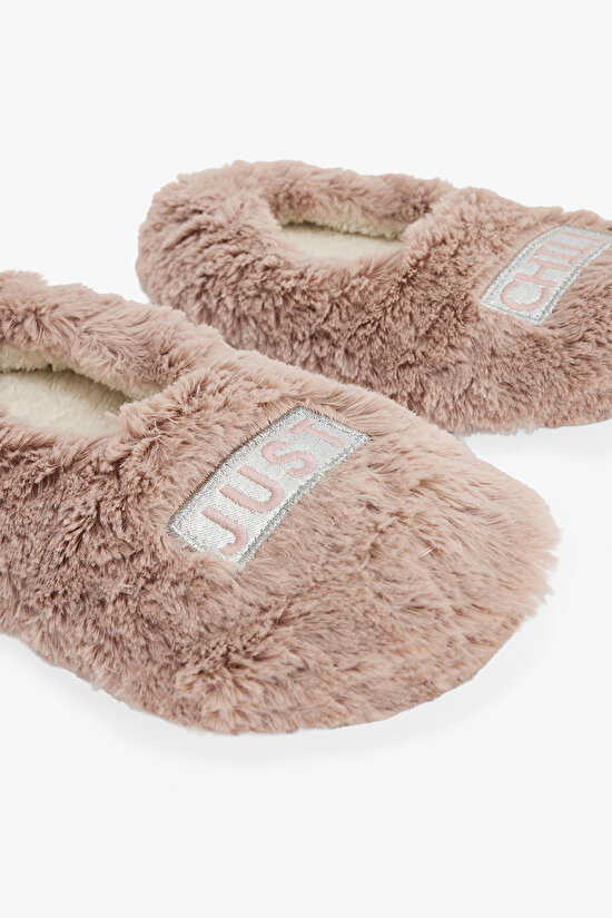 Taş Rengi Just Chill Slogan Nakışlı Ev Patiği - 3