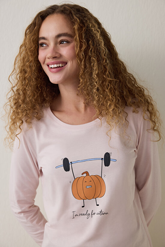 Pumpkin Patterned Crew Neck Long Sleeve Pajama Set Pumpkin Patterned Crew Neck Long Sleeve Pajama Set - 3