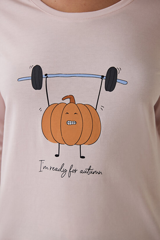 Pumpkin Patterned Crew Neck Long Sleeve Pajama Set Pumpkin Patterned Crew Neck Long Sleeve Pajama Set - 4