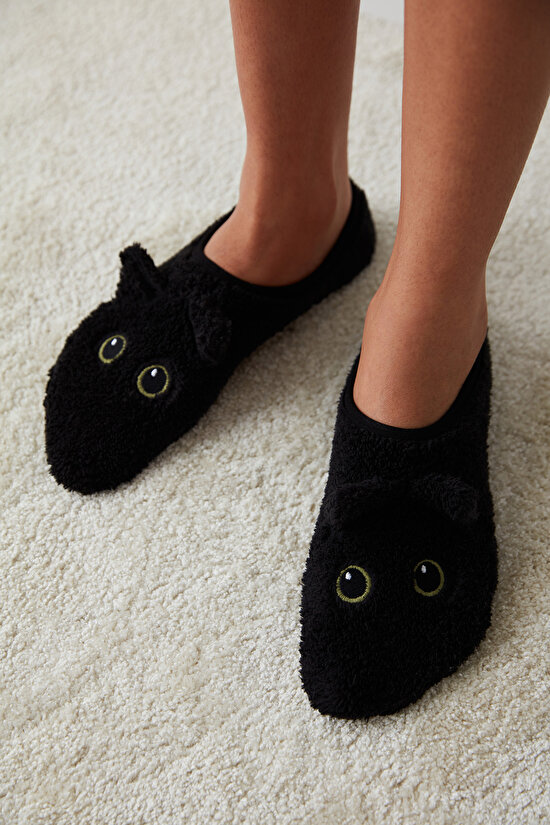 Siyah Kedi Figürlü Çetik Çorap - 1