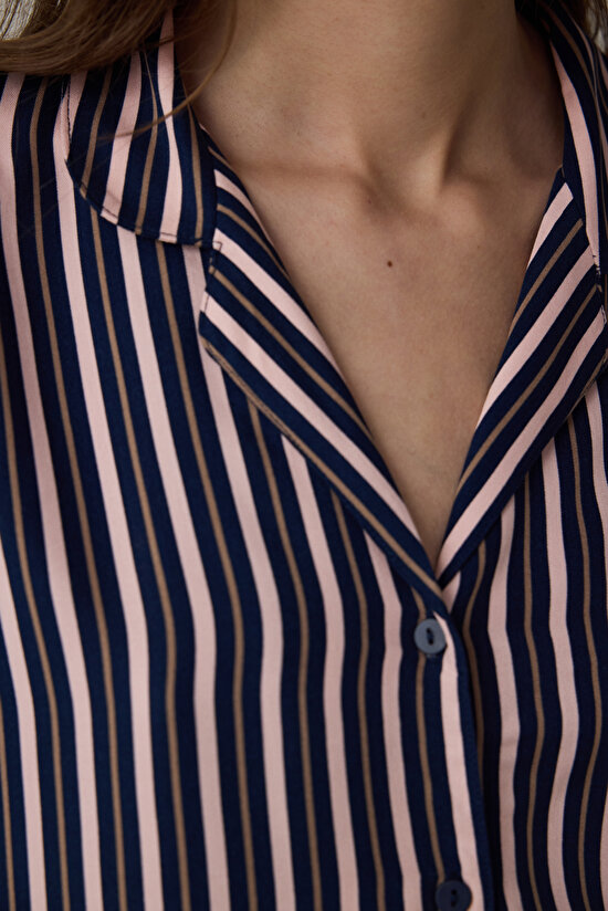 Lacivert Çizgili Gömlek Yaka Uzun Kollu Pijama Takımı - 3