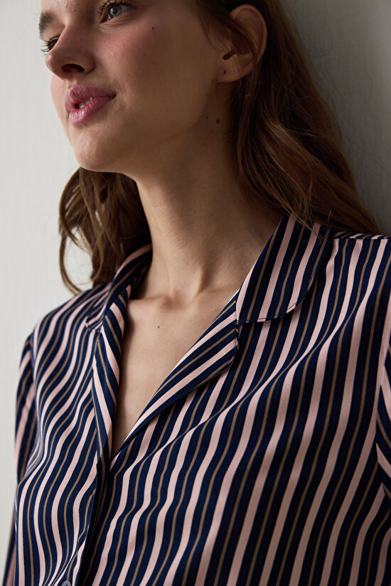 Lacivert Çizgili Gömlek Yaka Uzun Kollu Pijama Takımı - 4