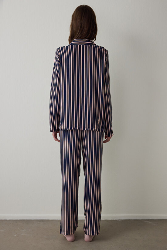 Lacivert Çizgili Gömlek Yaka Uzun Kollu Pijama Takımı - 5