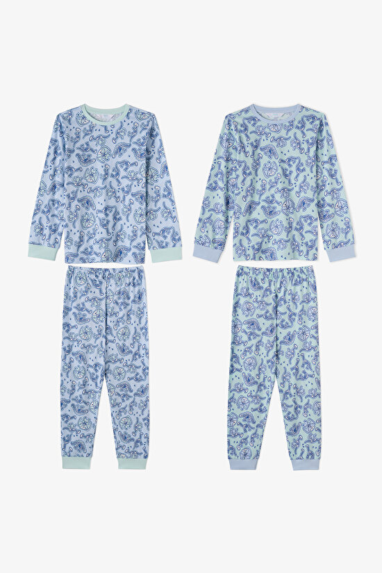 Erkek Çocuk Mavi Historical Dinos Pamuklu Uzun Kollu 2'li Pijama Takımı - 1