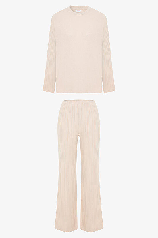 Beige Melange Coziness Crew Neck Long Sleeve Pajama Set - 1