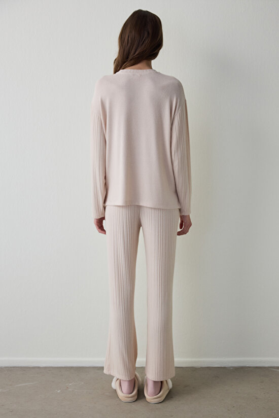 Bej Melanj Coziness Bisiklet Yaka Uzun Kollu Pijama Takımı - 3