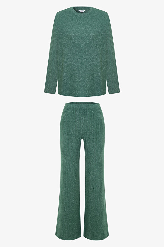 Dark Green Coziness Crew Neck Long Sleeve Pajama Set - 1