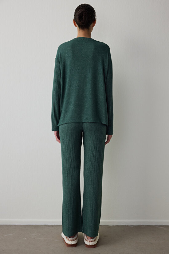 Koyu Yeşil Coziness Bisiklet Yaka Uzun Kol Pijama Takımı - 4