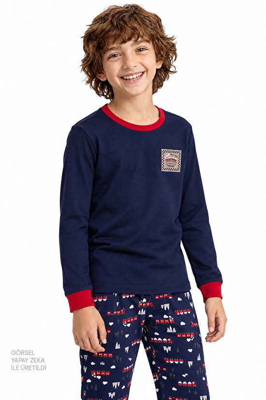Erkek Çocuk Lacivert Follow The Train Pamuklu Uzun Kollu Pijama Takımı - 2