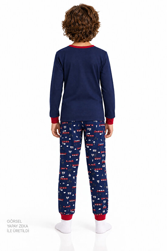 Erkek Çocuk Lacivert Follow The Train Pamuklu Uzun Kollu Pijama Takımı - 3