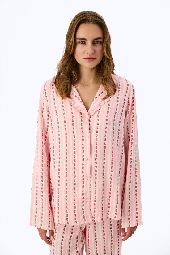 Light Pink Chloe Floral Frilled Long Sleeve Shirt & Trouser Pyjama Set - 2