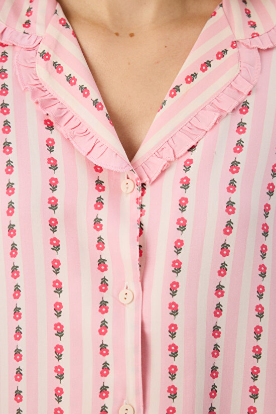 Light Pink Chloe Floral Frilled Long Sleeve Shirt & Trouser Pyjama Set - 3