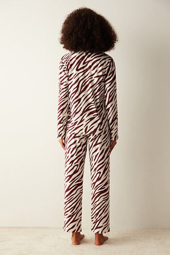 Zebra Baskılı Uzun Kollu Bordo Gömlek Pijama Set - 6