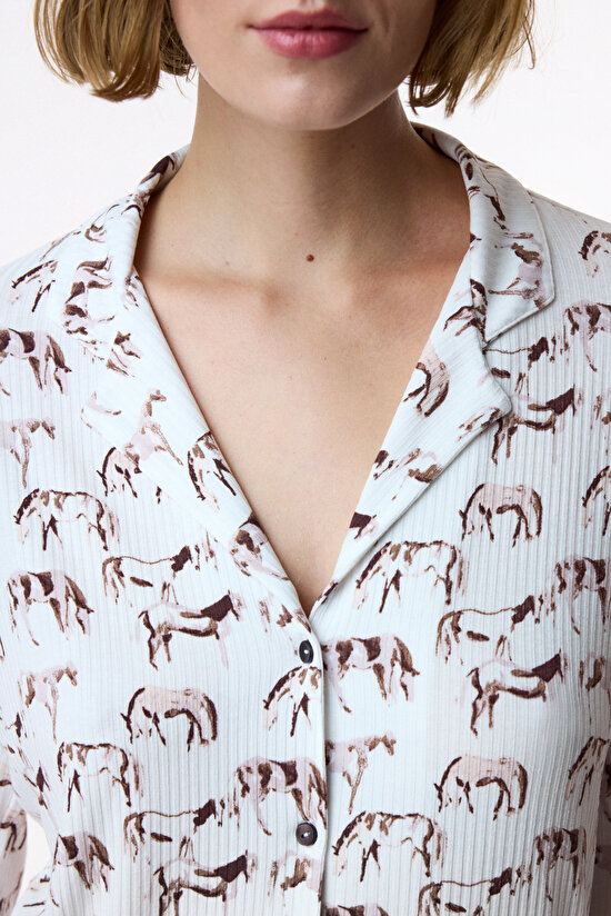 Ekru Country Horse Uzun Kollu Gömlek Pantolon Pijama Takımı - 3