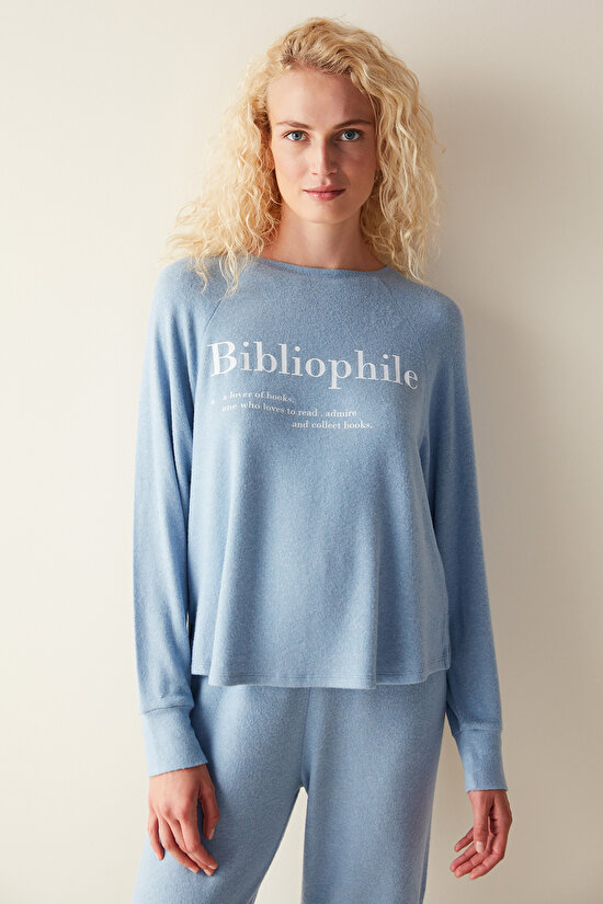 Bibliophile Uzun Kollu Mavi Pijama Set - 1