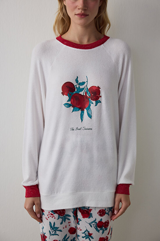 Off White Best Season New Year Printed Crew Neck Thermal Effect Pajama Top - 1