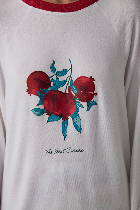 Off White Best Season New Year Printed Crew Neck Thermal Effect Pajama Top - 3