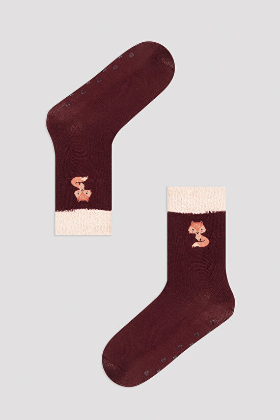Bordo Tilki Desenli Soket Çorap - 1
