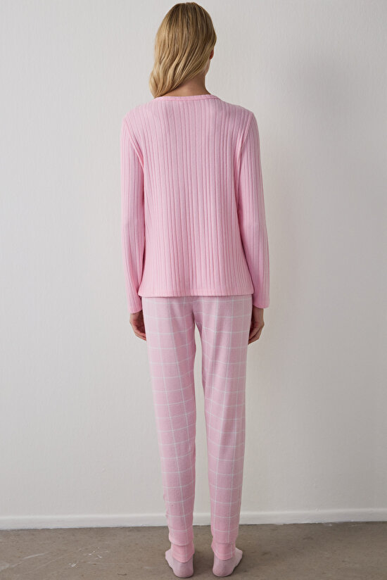 Gül Kurusu Cozy Time Ekoseli Uzun Kollu Pijama Takımı - 4