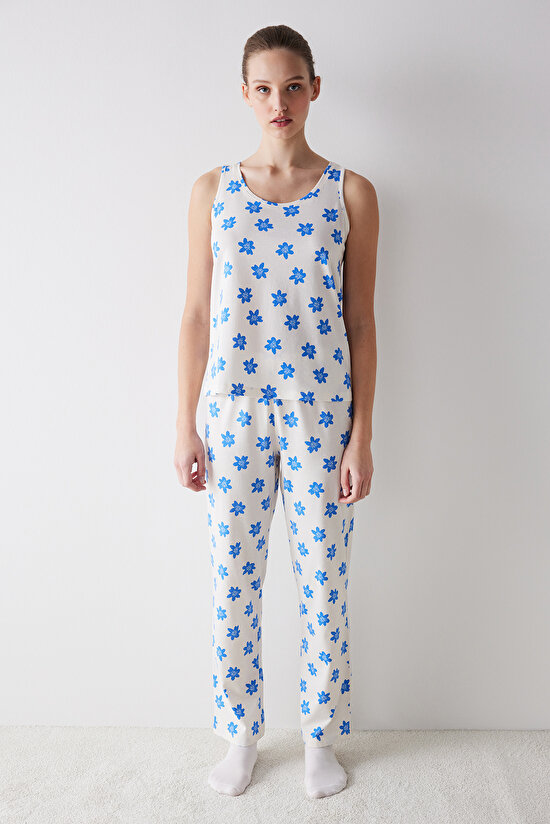 Blue Floral Ekru Pantolon Pijama Takımı - 1