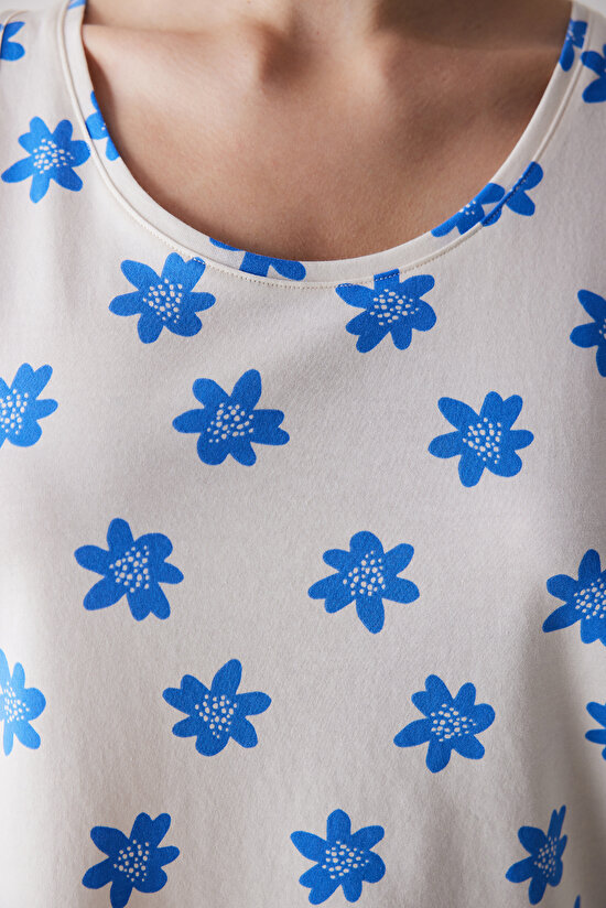 Blue Floral Ekru Pantolon Pijama Takımı - 4
