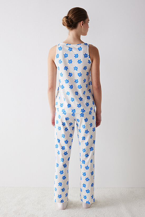 Blue Floral Ekru Pantolon Pijama Takımı - 5