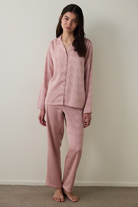 Dusty Rose Emma Shirt Collar Long Sleeve Satin Pajama Set - 1
