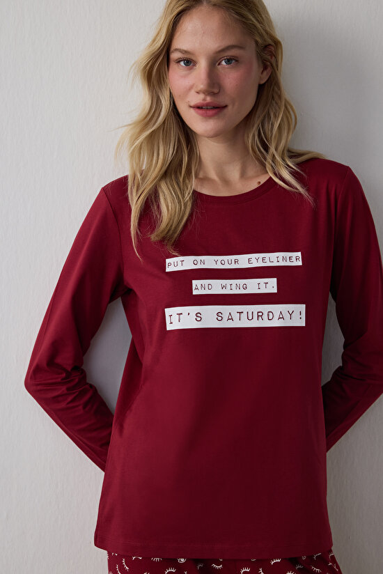 Bordo It's Saturday Pantolon Pijama Takımı - 2