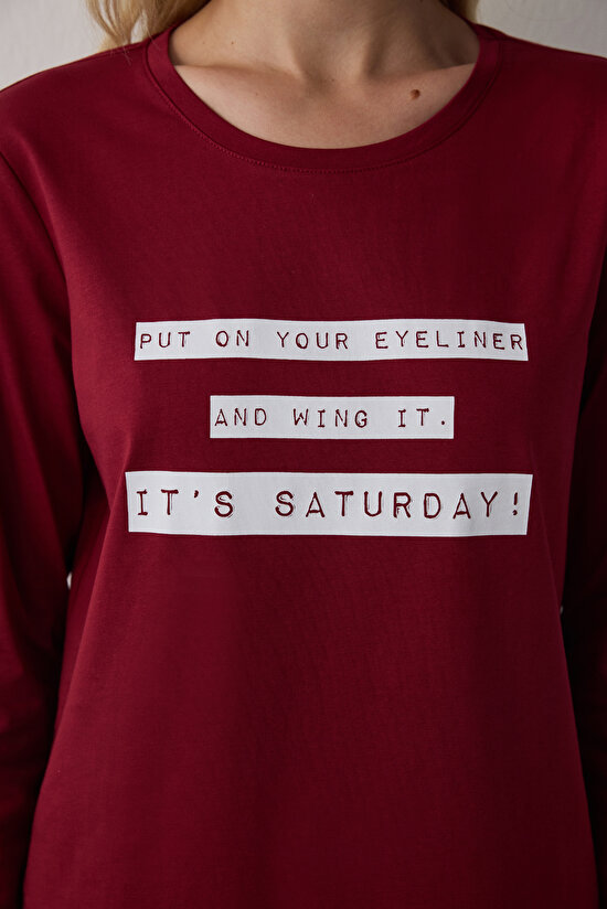 Bordo It's Saturday Pantolon Pijama Takımı - 3