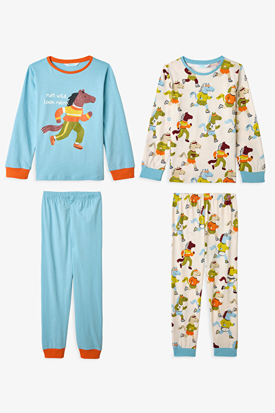 Ekru Erkek Çocuk Look Retro 2'li Pijama Takımı - 1
