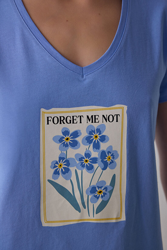 Mavi Forget Me Not Pamuklu V Yaka Kısa Kollu Kapri Pijama Takımı - 3
