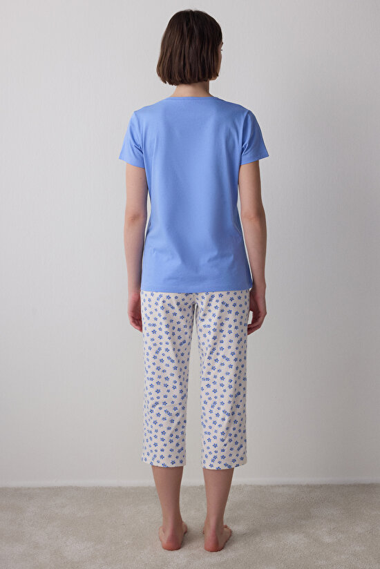 Mavi Forget Me Not Pamuklu V Yaka Kısa Kollu Kapri Pijama Takımı - 4