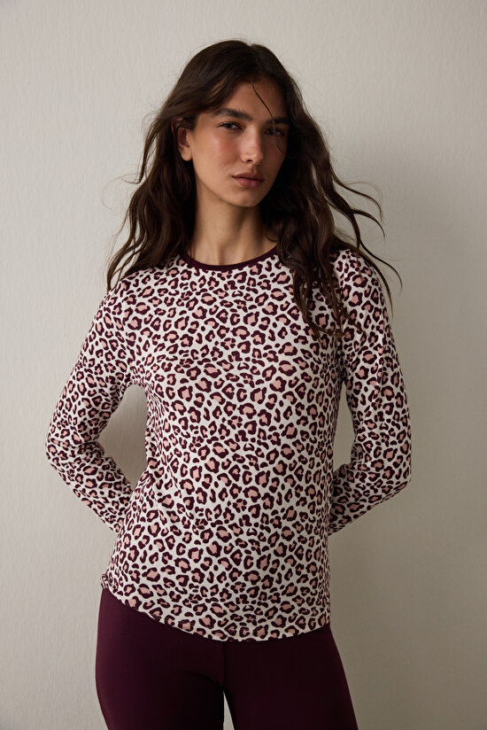 Bordo Leopar Desenli Bisiklet Yaka Uzun Kollu Pijama Üstü - 1