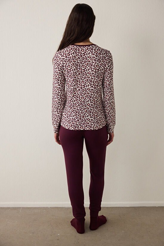 Bordo Leopar Desenli Bisiklet Yaka Uzun Kollu Pijama Üstü - 4