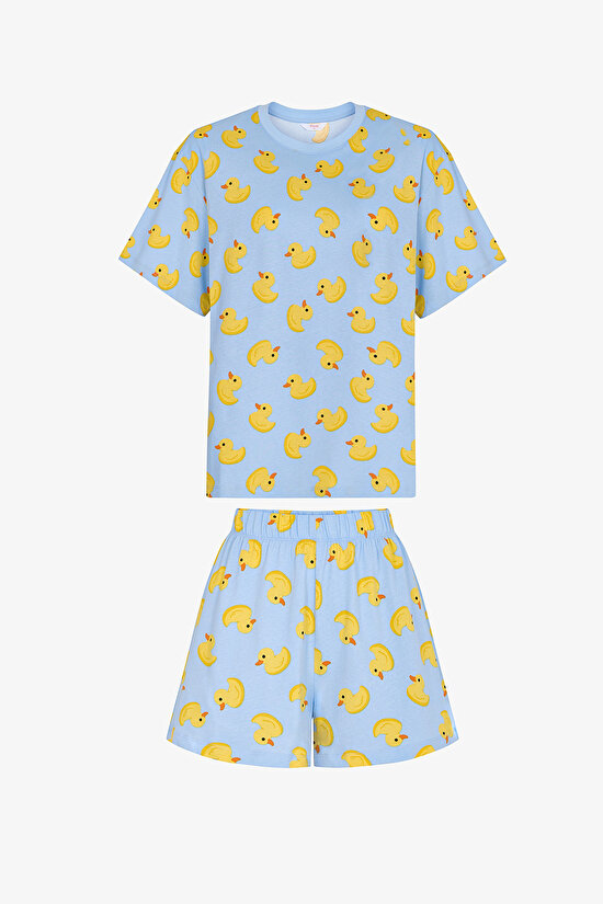 Mavi Cutene  Şort Pijama Takımı - 1