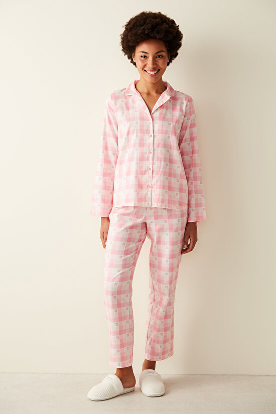 Pembe Kareli Gömlek Pantolon Pijama Takımı - 1