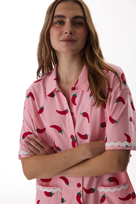 Pembe Just Chill Gömlek Pantolon Pijama Takımı - 2