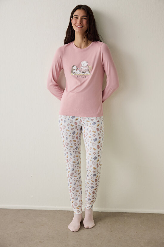 Pembe Tea Party İçecek Desenli Bisiklet Yaka Uzun Kollu Pijama Üstü - 3