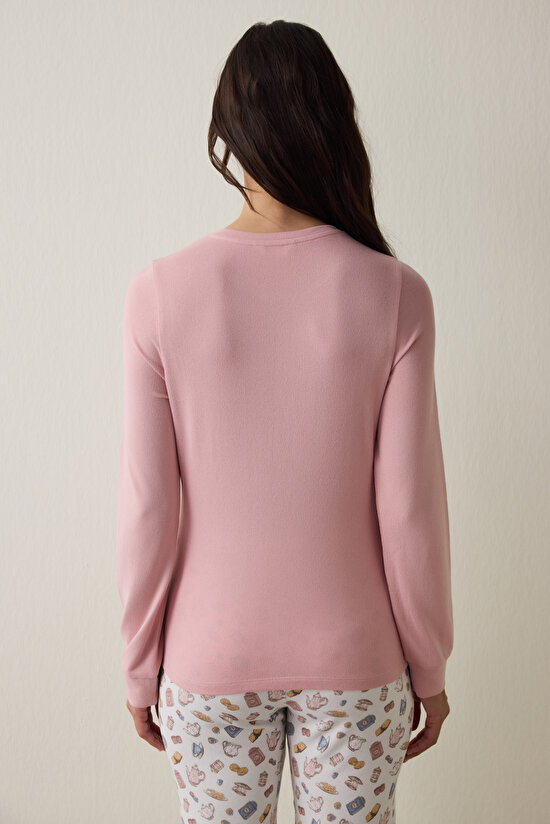 Pembe Tea Party İçecek Desenli Bisiklet Yaka Uzun Kollu Pijama Üstü - 4