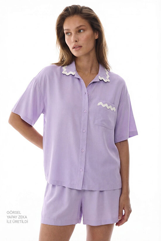 Lila Ella Düğmeli Gömlek Şortlu Pijama Takımı - 4