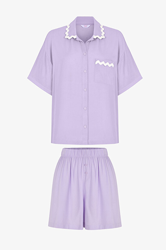 Lila Ella Düğmeli Gömlek Şortlu Pijama Takımı - 5