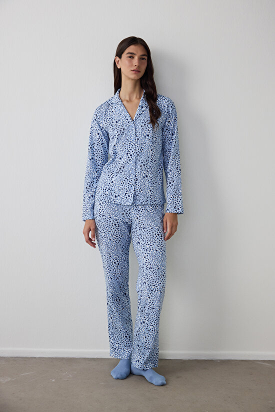 Mavi Leila Gömlek Pantolon Pijama Takımı - 1