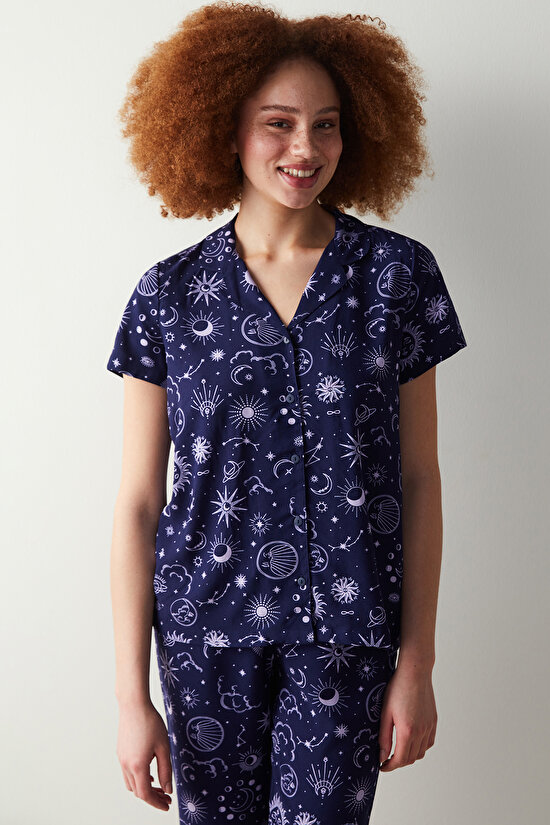 Zodiac Desenli Lacivert Gömlek Pantolon Pijama Takımı - 2