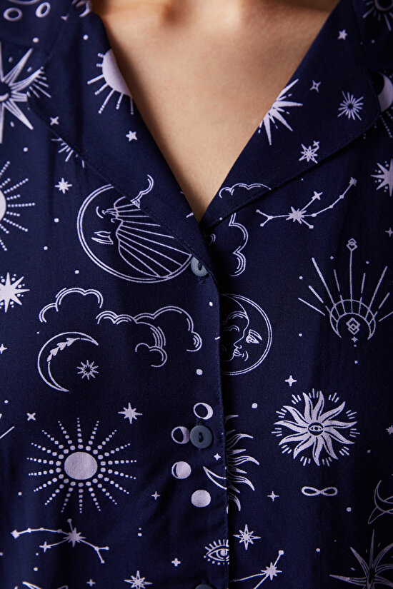 Zodiac Desenli Lacivert Gömlek Pantolon Pijama Takımı - 4