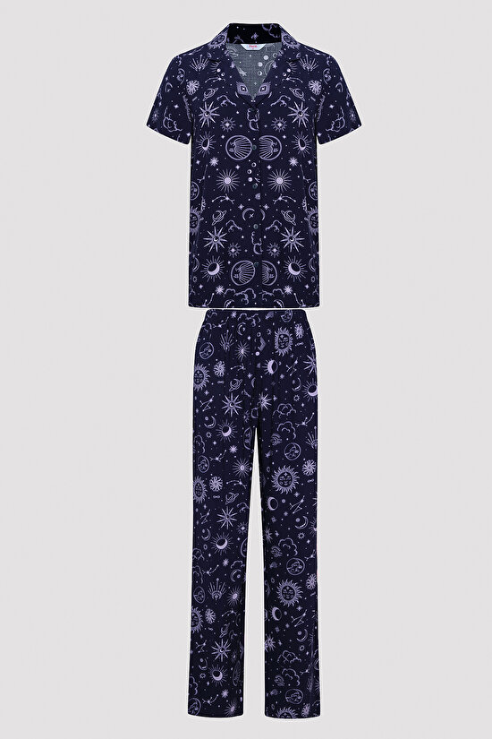 Zodiac Desenli Lacivert Gömlek Pantolon Pijama Takımı - 6