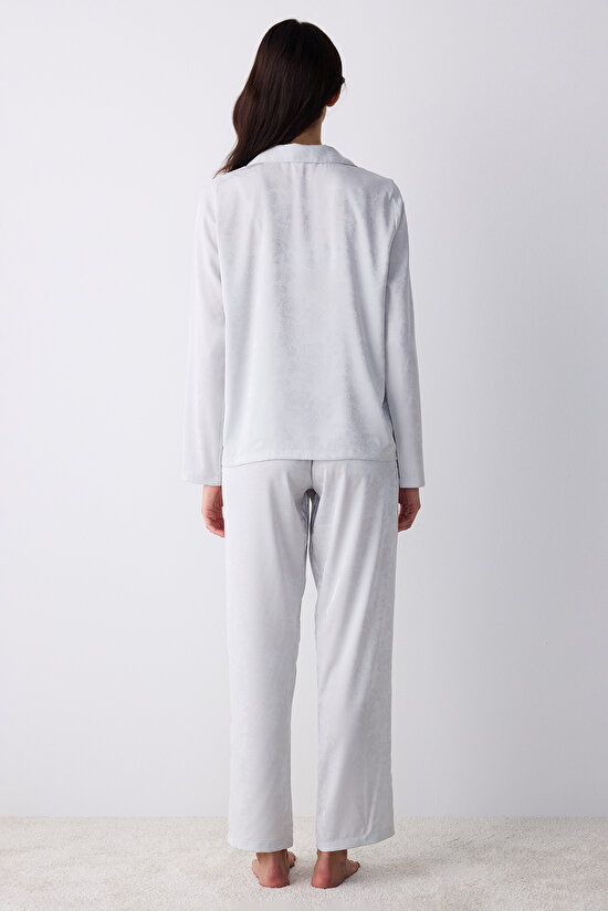 Aura Saten Açık Gri Düğmeli Gömlek Pantolon Pijama Takımı - 5