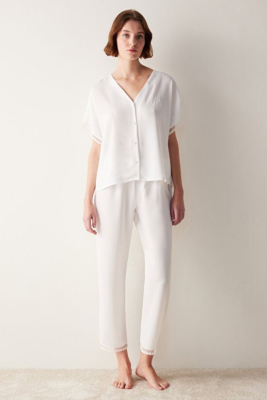 Bridal Lacy Dantel Beyaz Gömlek Pantolon Pijama Takımı - 1