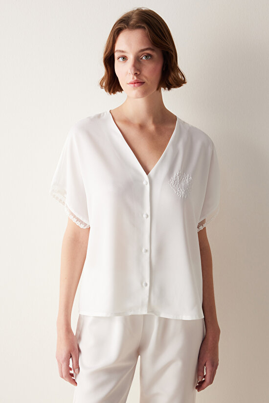 Bridal Lacy Dantel Beyaz Gömlek Pantolon Pijama Takımı - 2